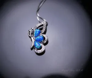 Blue Opal Necklace -  Diamond Butterfly Pendant -18kgp @ Sterling Silver -  Blue Opal Jewelry