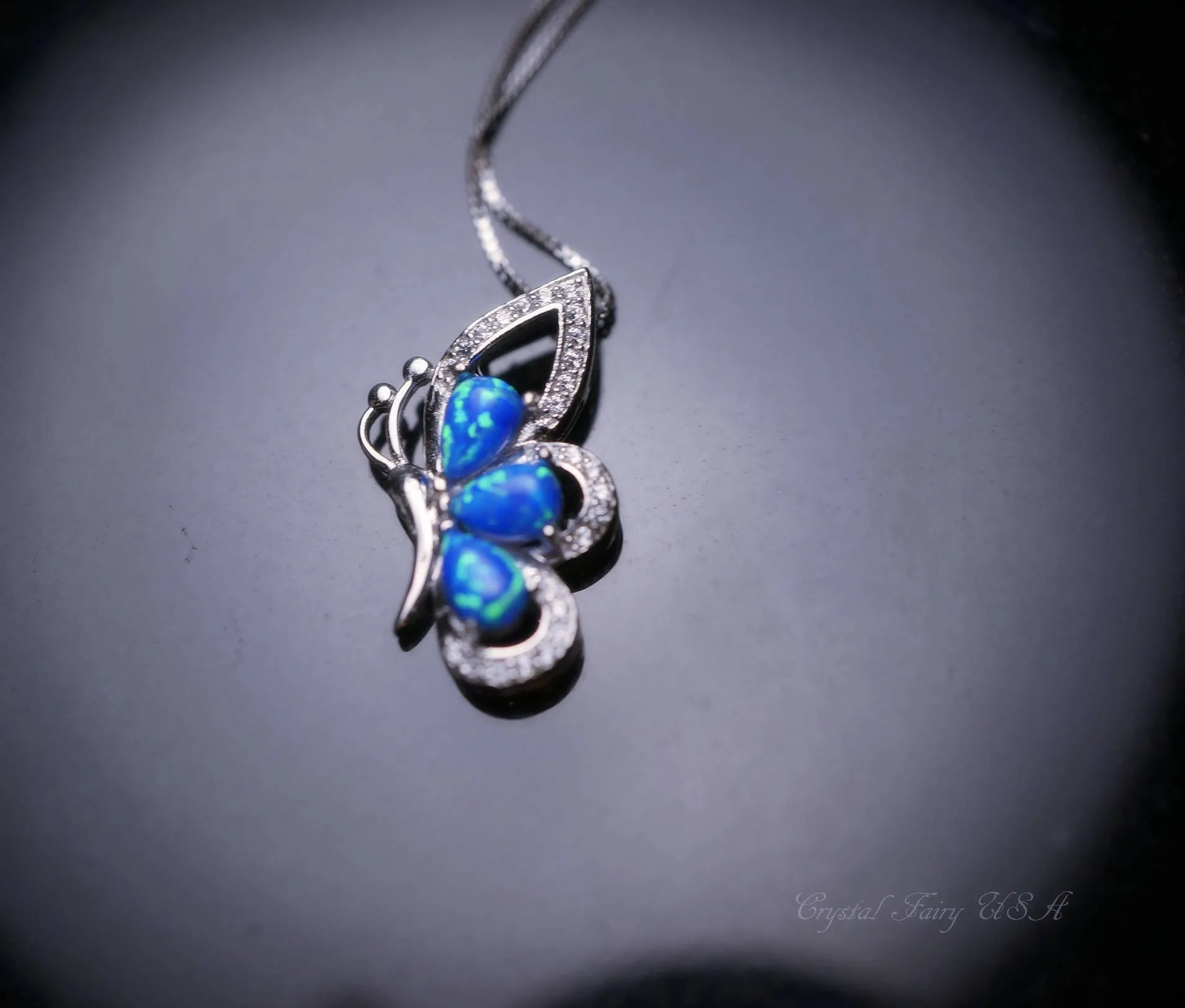 Blue Opal Necklace -  Diamond Butterfly Pendant -18kgp @ Sterling Silver -  Blue Opal Jewelry