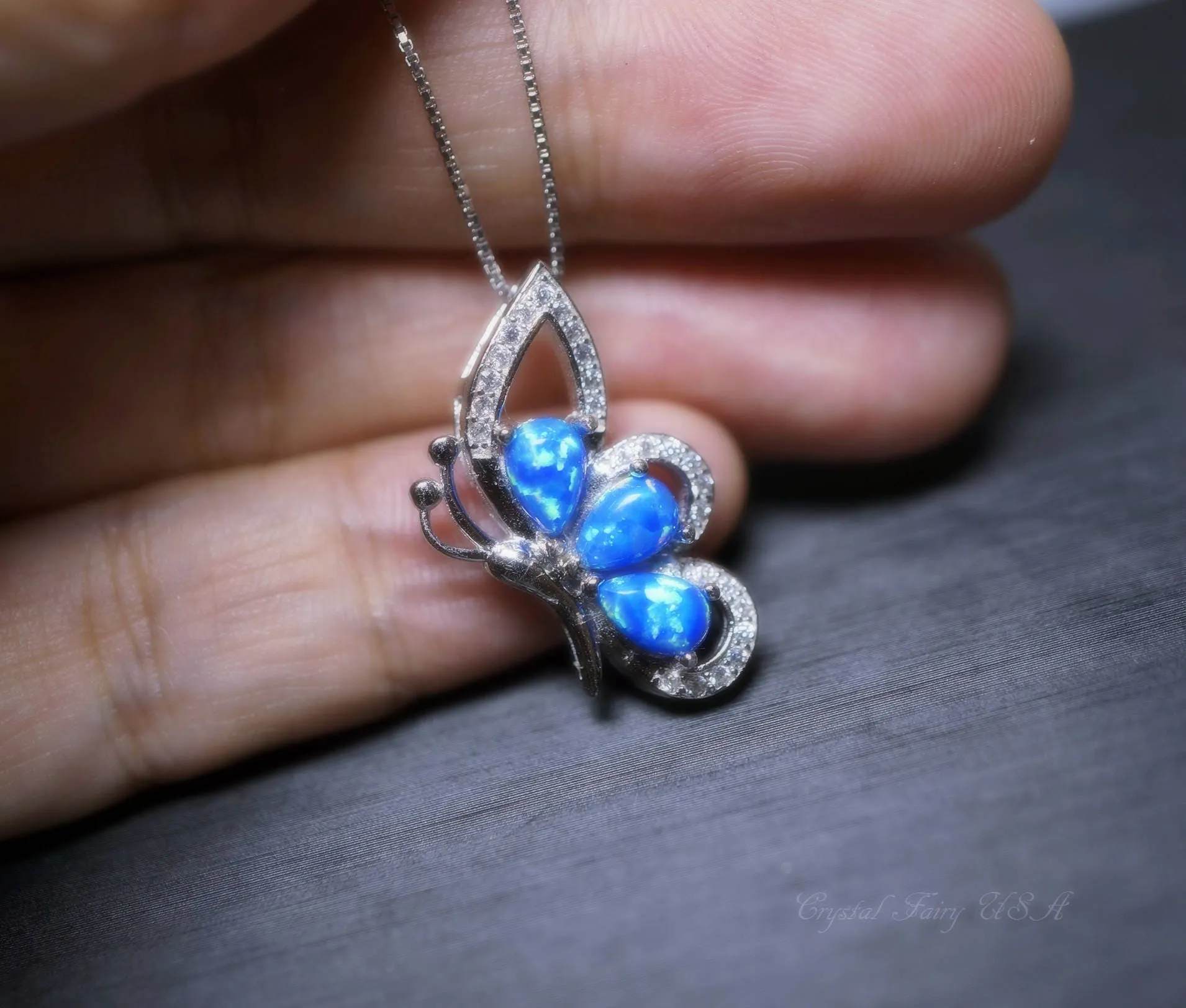 Blue Opal Necklace -  Diamond Butterfly Pendant -18kgp @ Sterling Silver -  Blue Opal Jewelry