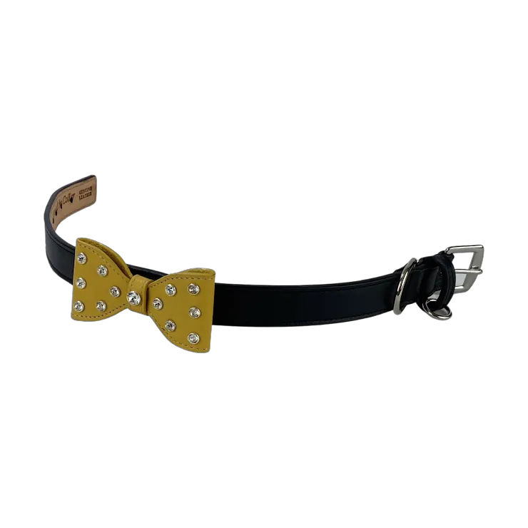 Bow Leather Dog Collar with Crystals on Large Bow