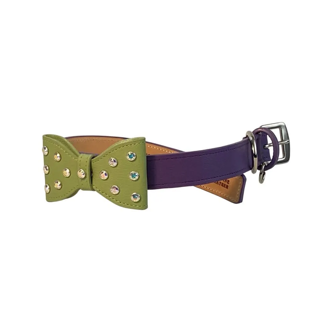Bow Leather Dog Collar with Crystals on Large Bow