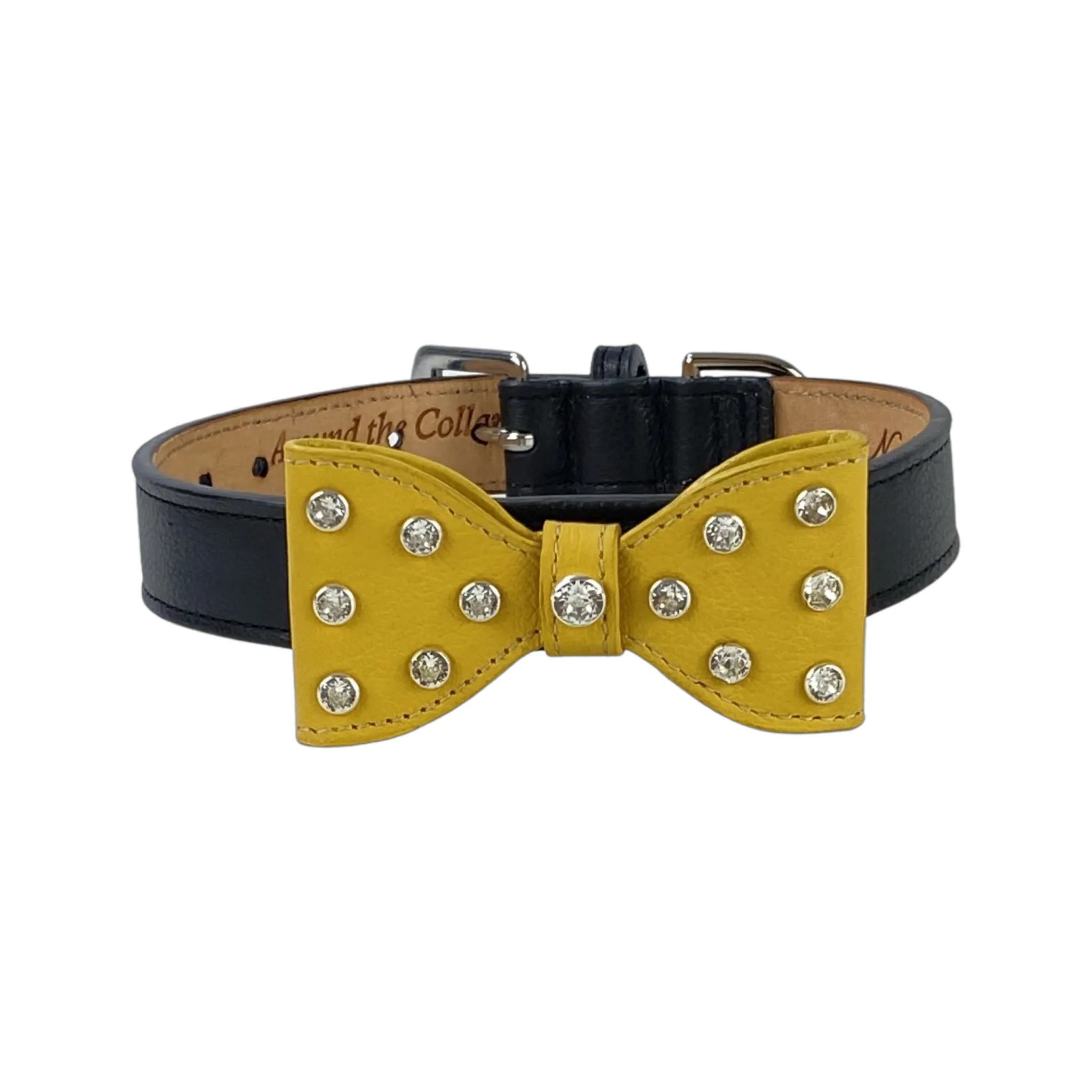 Bow Leather Dog Collar with Crystals on Large Bow