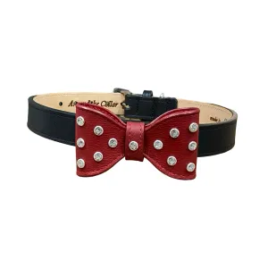 Bow Leather Dog Collar with Crystals on Large Bow