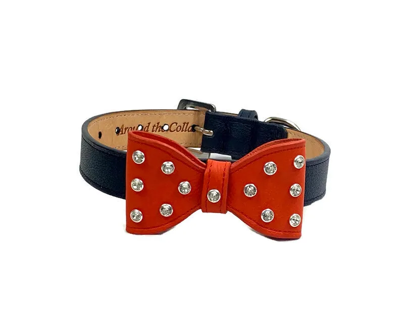Bow Leather Dog Collar with Crystals on Large Bow