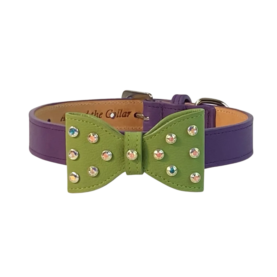 Bow Leather Dog Collar with Crystals on Large Bow