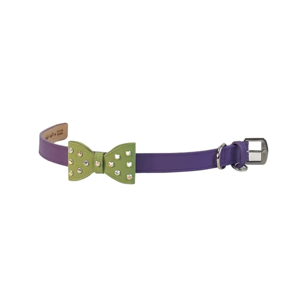Bow Leather Dog Collar with Crystals on Large Bow