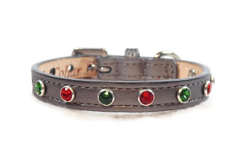 Brie Christmas Leather Cat Collar with Single Row Crystals