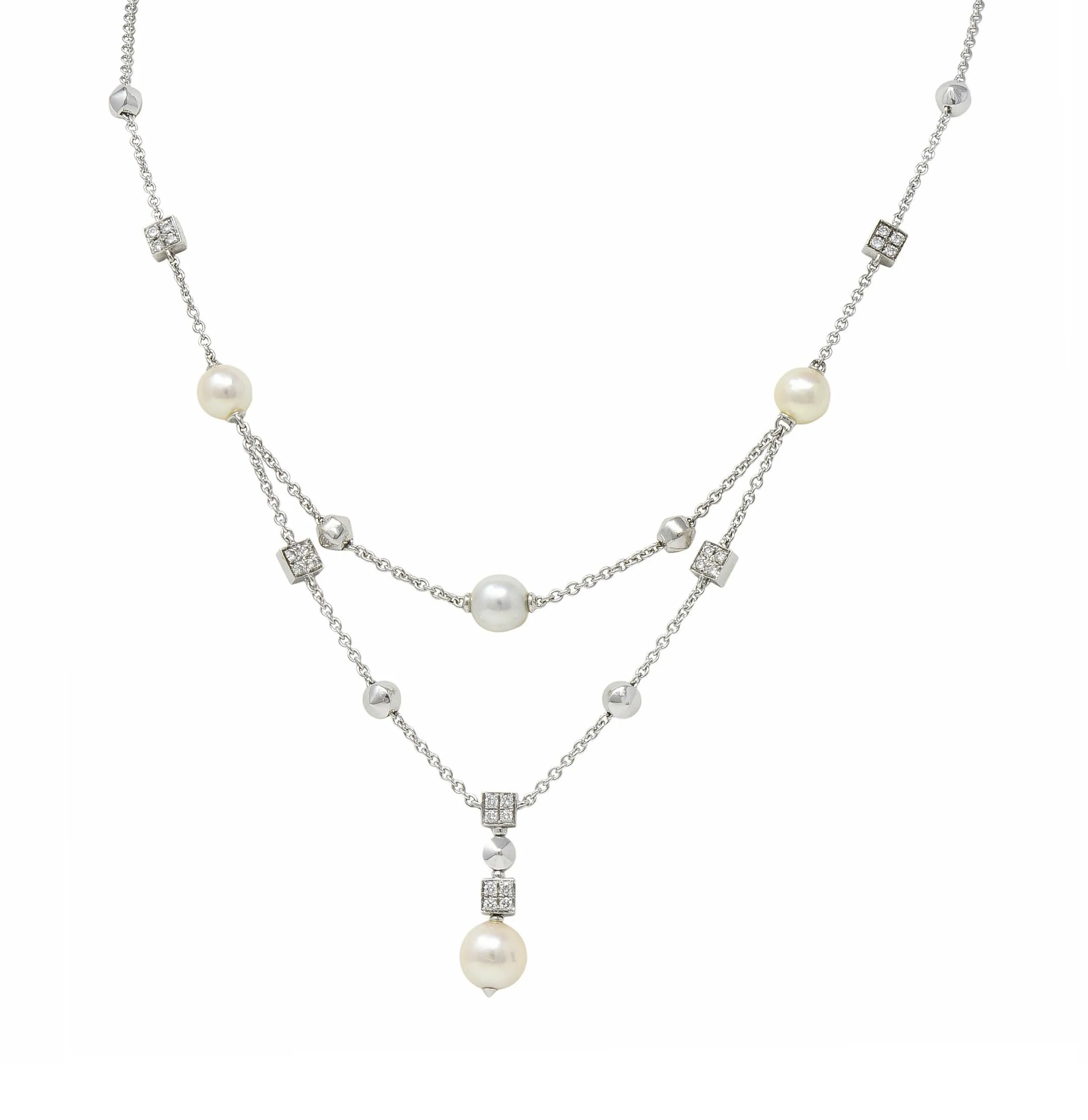 Bulgari 2000 Diamond Pearl 18 Karat White Gold Vintage Y2K Lucia Swagged Drop Necklace