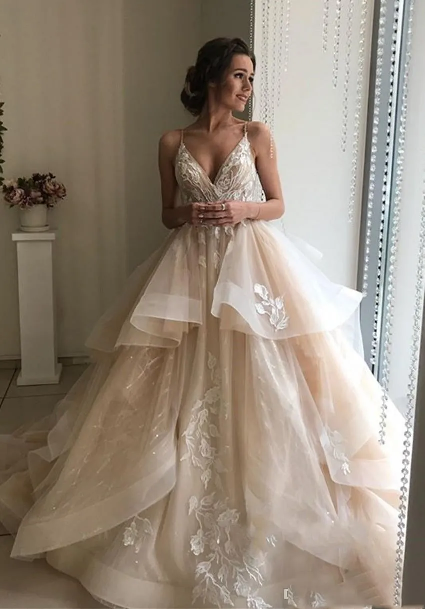 Champagne Floral Lace Wedding Dress Sexy Backless Ruffles Puffy Skirt Perfect For A Beach Wedding