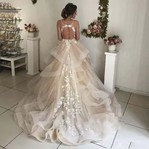 Champagne Floral Lace Wedding Dress Sexy Backless Ruffles Puffy Skirt Perfect For A Beach Wedding