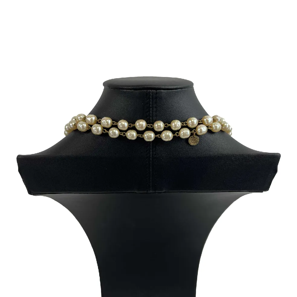 CHANEL - Vintage 1981 Pearl / Gold Long Chain Bead Layering Necklace