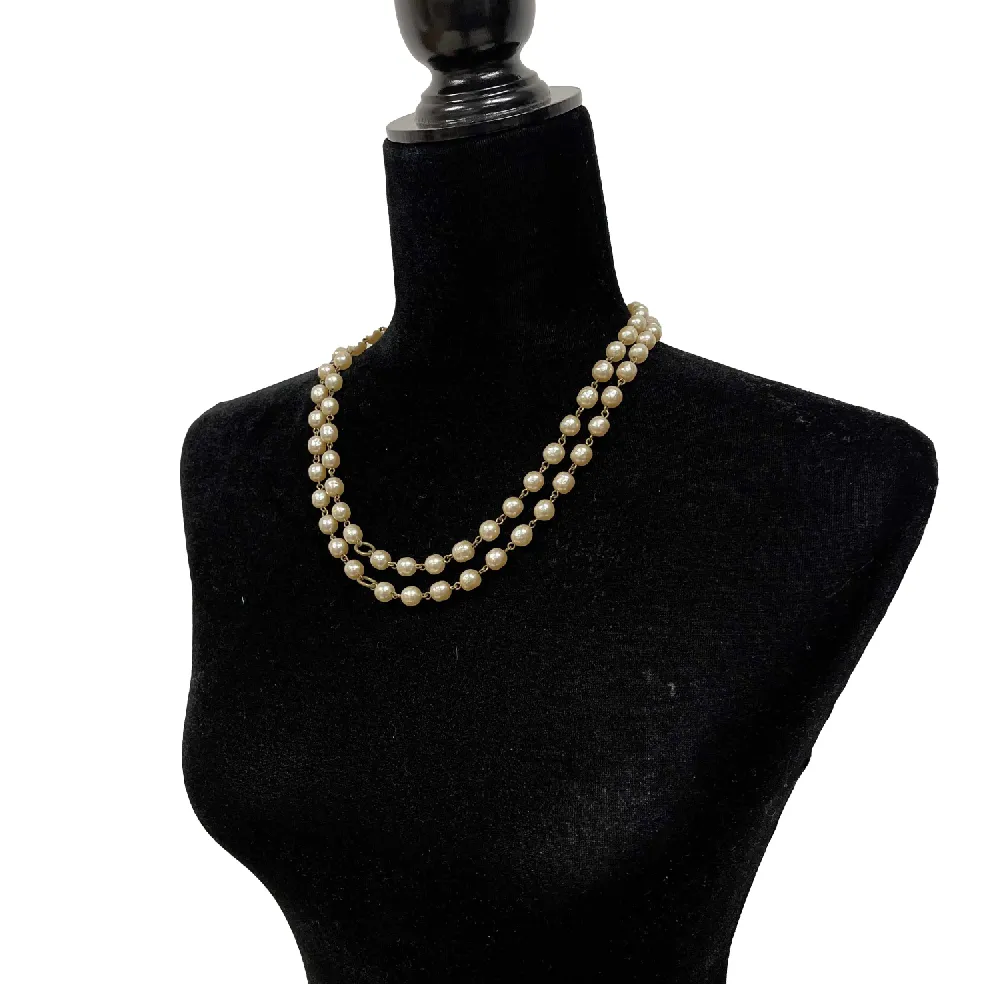 CHANEL - Vintage 1981 Pearl / Gold Long Chain Bead Layering Necklace