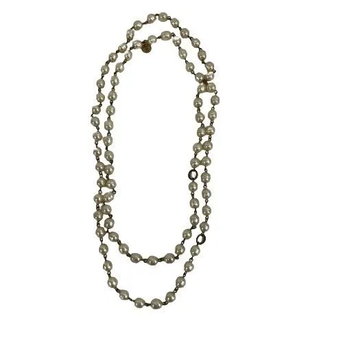 CHANEL - Vintage 1981 Pearl / Gold Long Chain Bead Layering Necklace