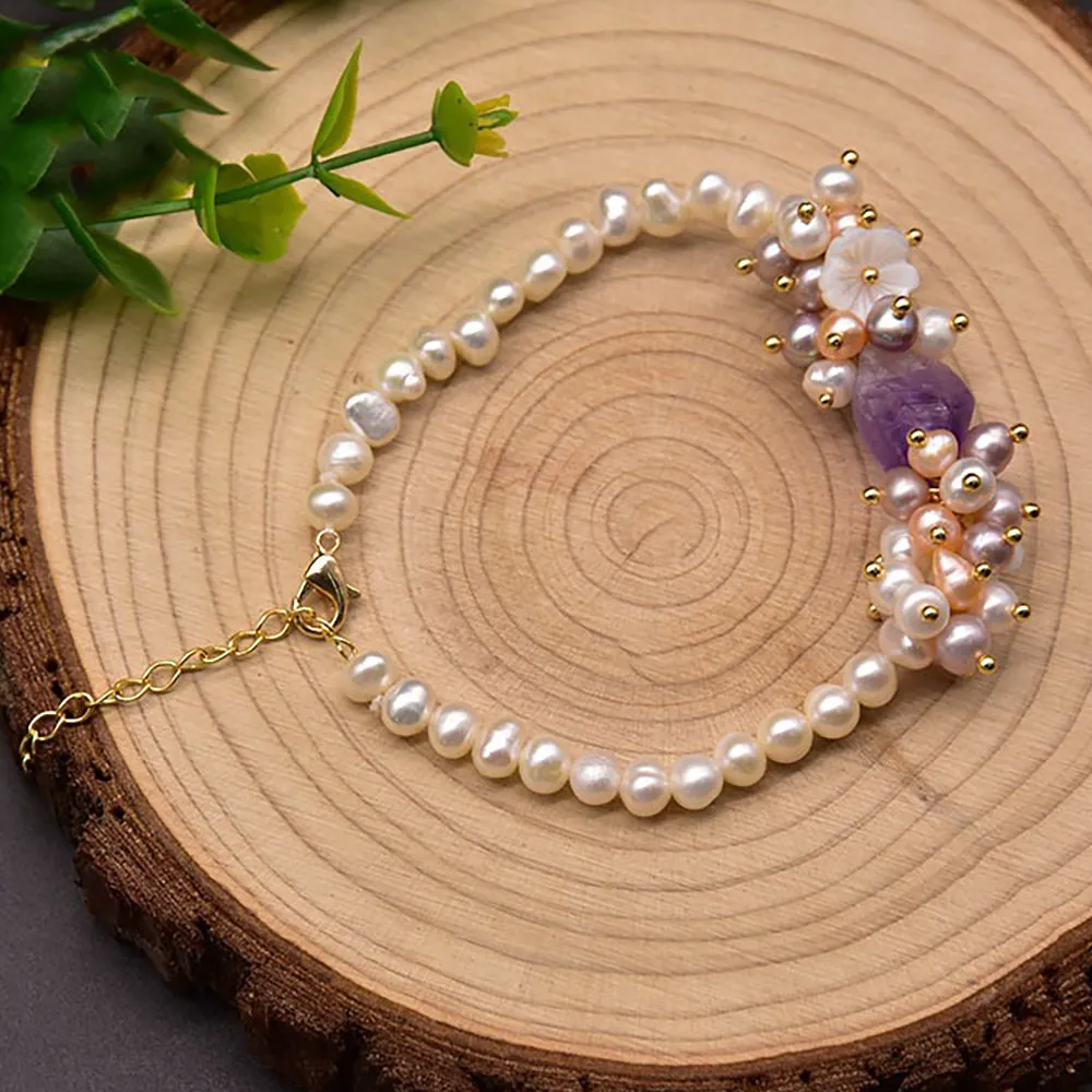 Charm Amethyst Natural Freshwater Pearl Bracelet Women Fashion Beautiful Jewelry