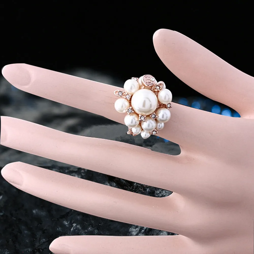 Charm Pearl Beautiful Flowers Ring Rose Gold Plated Women Fashion Jewelry Gift Size 6-9