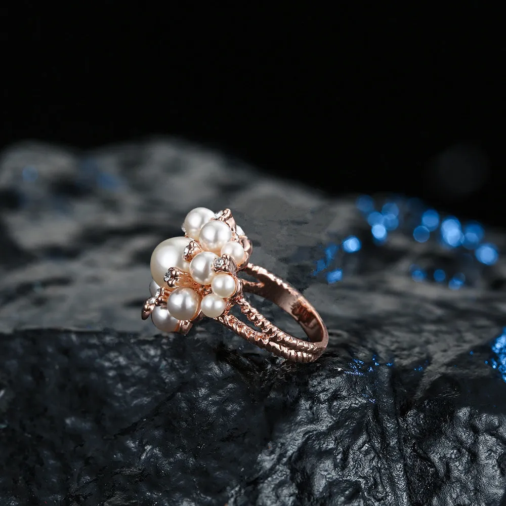 Charm Pearl Beautiful Flowers Ring Rose Gold Plated Women Fashion Jewelry Gift Size 6-9
