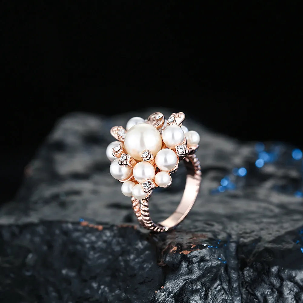 Charm Pearl Beautiful Flowers Ring Rose Gold Plated Women Fashion Jewelry Gift Size 6-9