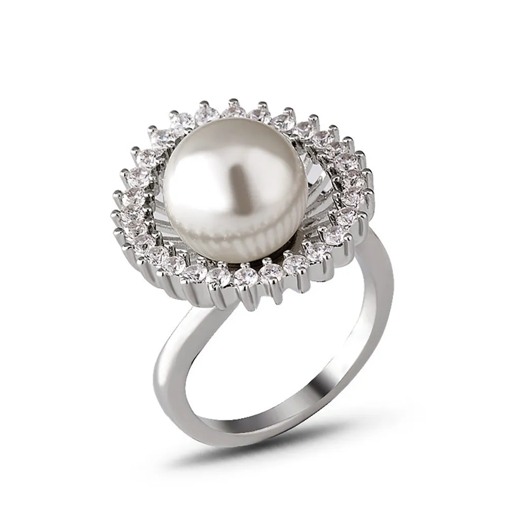 Charm Pearl Beautiful Flowers Ring White Gold Plated Women Fashion Jewelry Size 6-9
