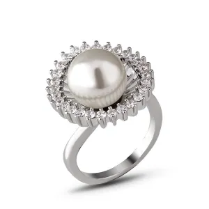Charm Pearl Beautiful Flowers Ring White Gold Plated Women Fashion Jewelry Size 6-9