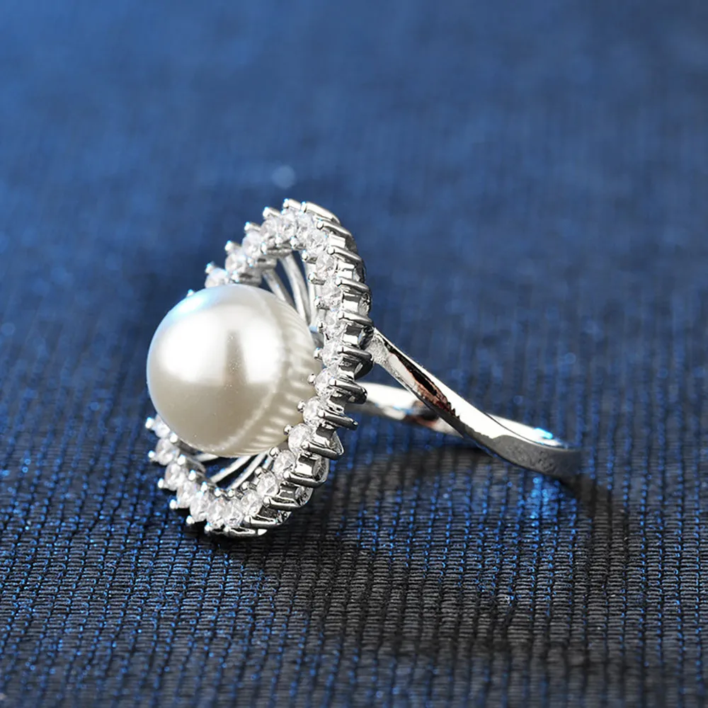 Charm Pearl Beautiful Flowers Ring White Gold Plated Women Fashion Jewelry Size 6-9