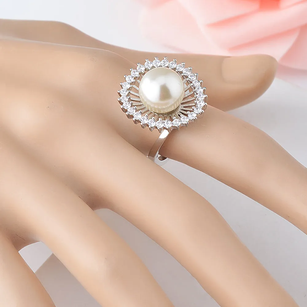 Charm Pearl Beautiful Flowers Ring White Gold Plated Women Fashion Jewelry Size 6-9