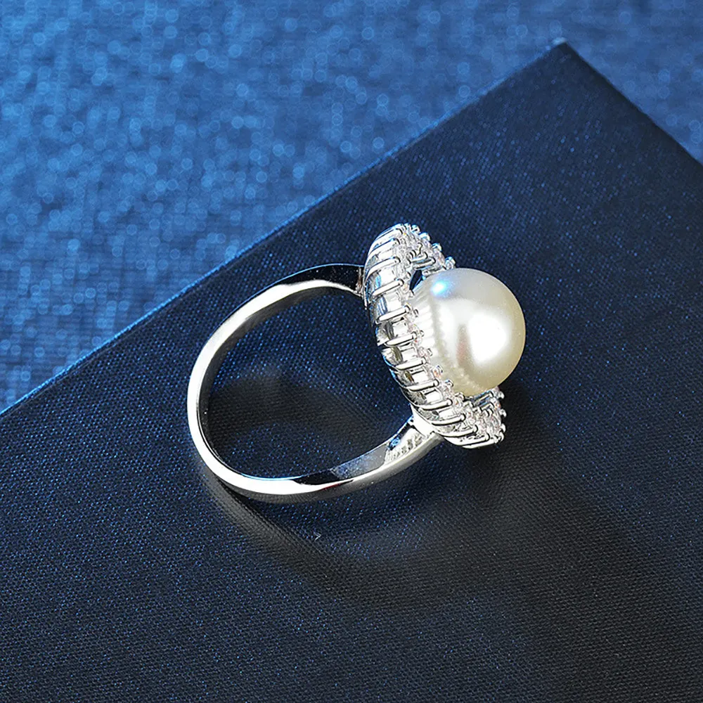 Charm Pearl Beautiful Flowers Ring White Gold Plated Women Fashion Jewelry Size 6-9