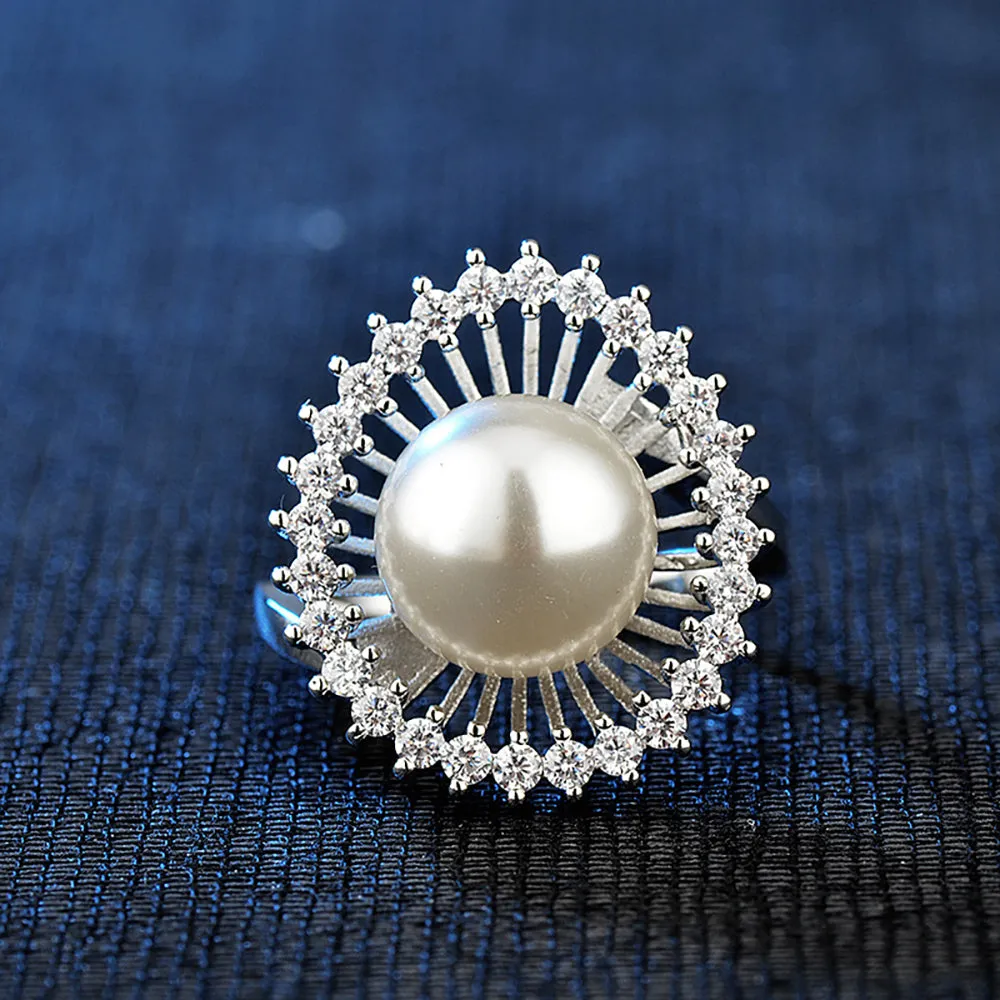 Charm Pearl Beautiful Flowers Ring White Gold Plated Women Fashion Jewelry Size 6-9
