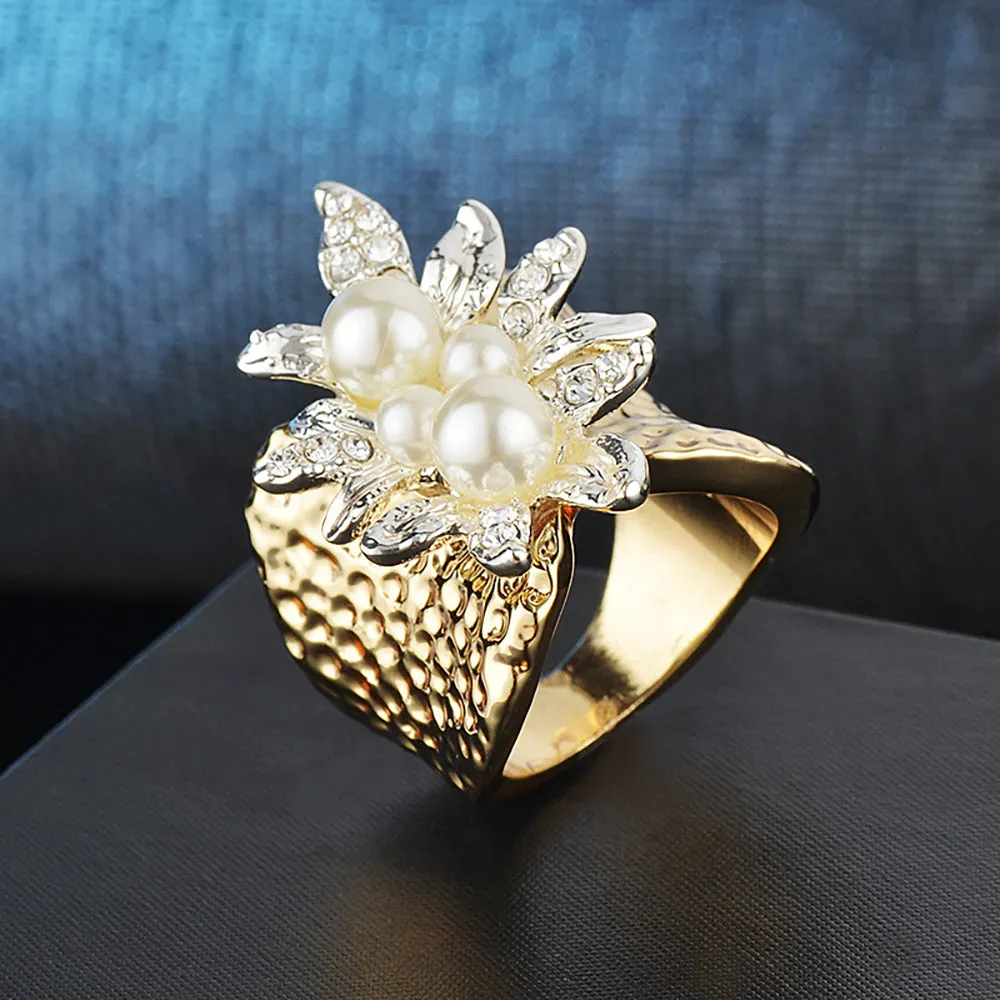 Charm Pearl Beautiful Leaf Ring Gold Plated Women Fashion Jewelry Gift Size 6-9