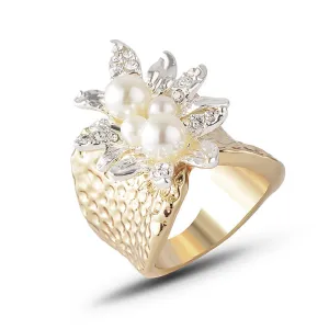 Charm Pearl Beautiful Leaf Ring Gold Plated Women Fashion Jewelry Gift Size 6-9