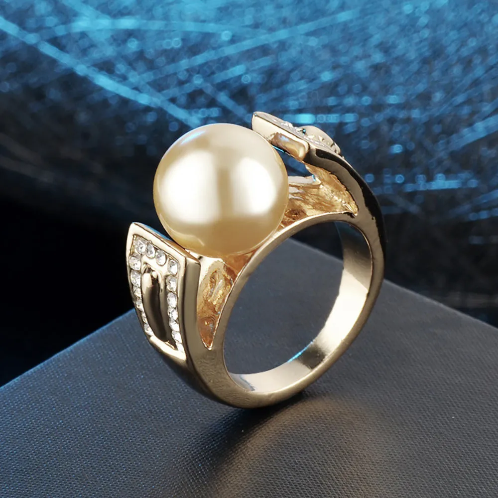 Charm Pearl Beautiful Ring Gold Plated Women Fashion Jewelry Gift Size 6-9