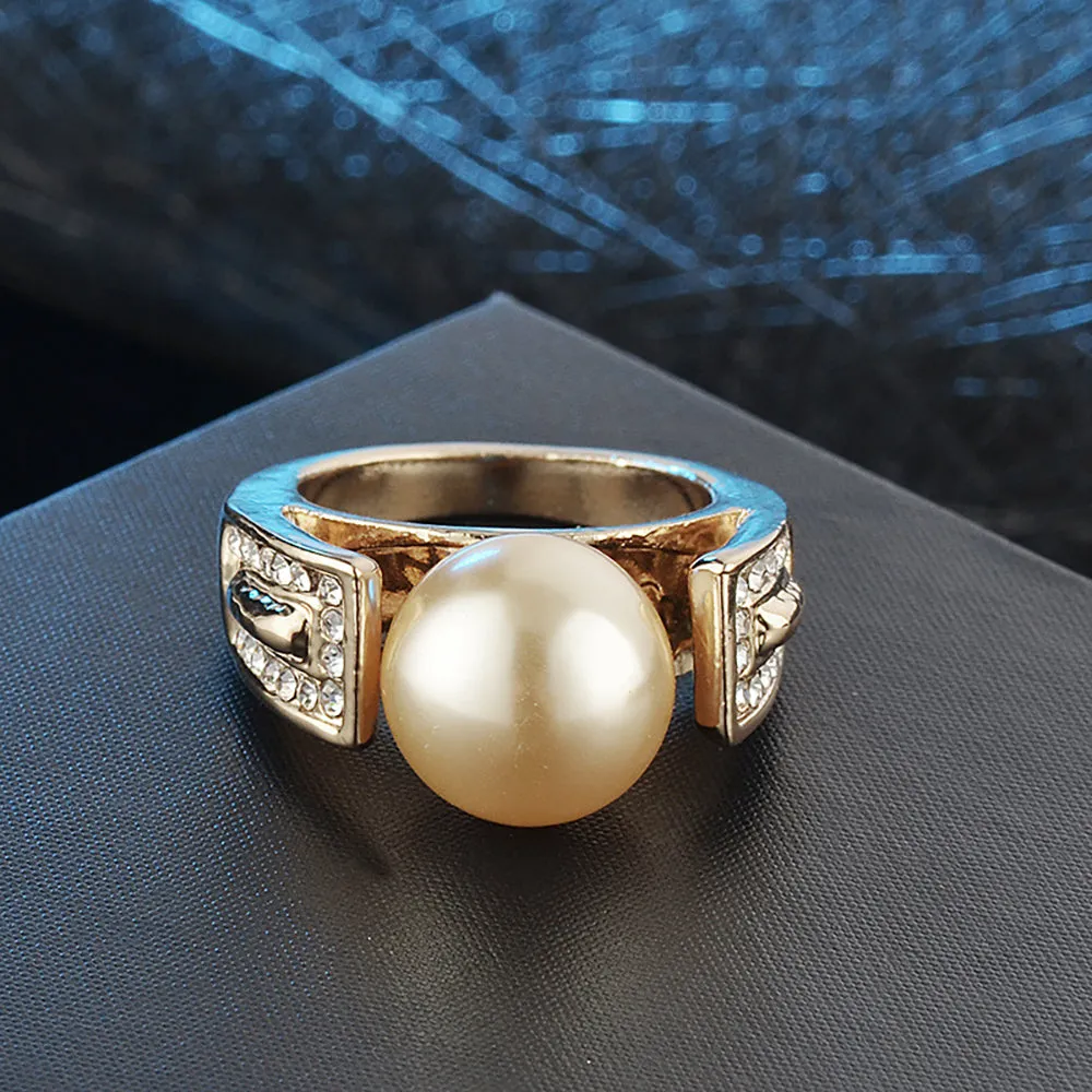 Charm Pearl Beautiful Ring Gold Plated Women Fashion Jewelry Gift Size 6-9