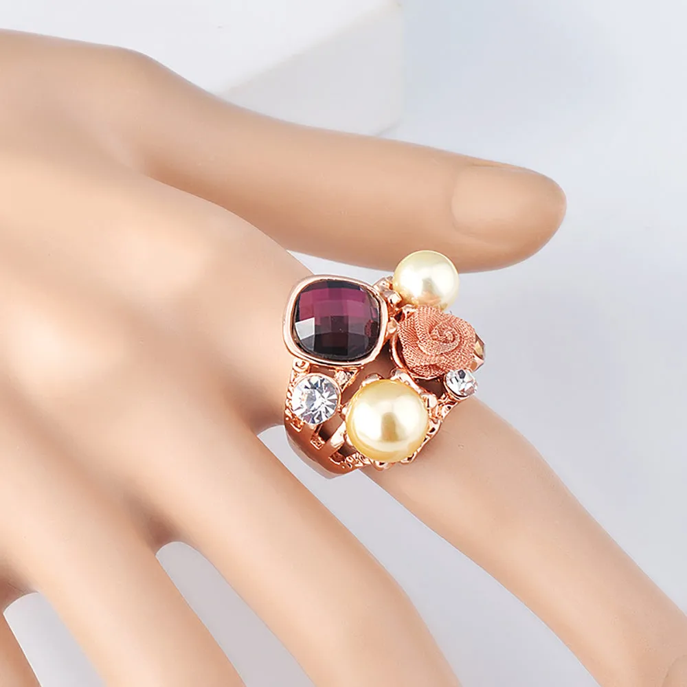 Charm Pearl Beautiful Rose Ring Gold Plated Women Fashion Jewelry Gift Size 6-9