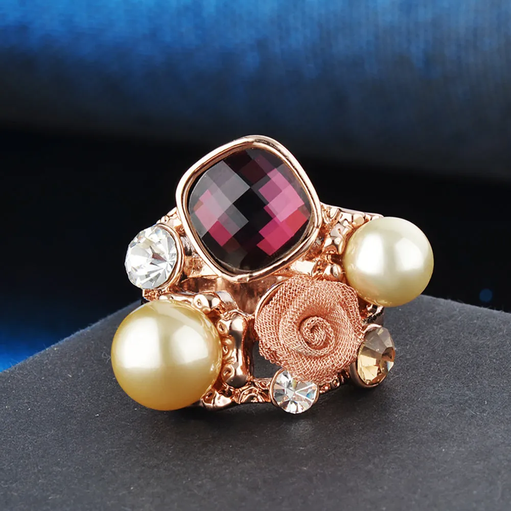 Charm Pearl Beautiful Rose Ring Gold Plated Women Fashion Jewelry Gift Size 6-9
