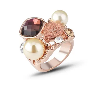 Charm Pearl Beautiful Rose Ring Gold Plated Women Fashion Jewelry Gift Size 6-9