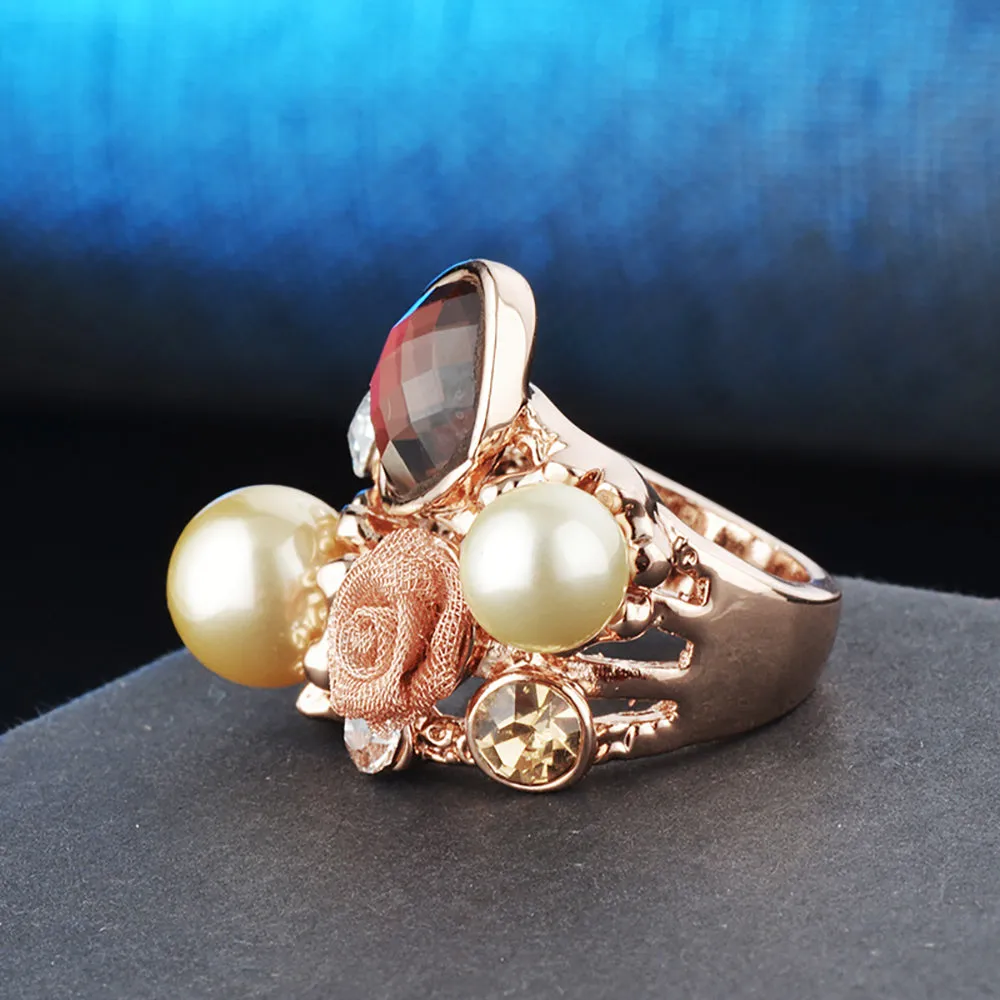 Charm Pearl Beautiful Rose Ring Gold Plated Women Fashion Jewelry Gift Size 6-9