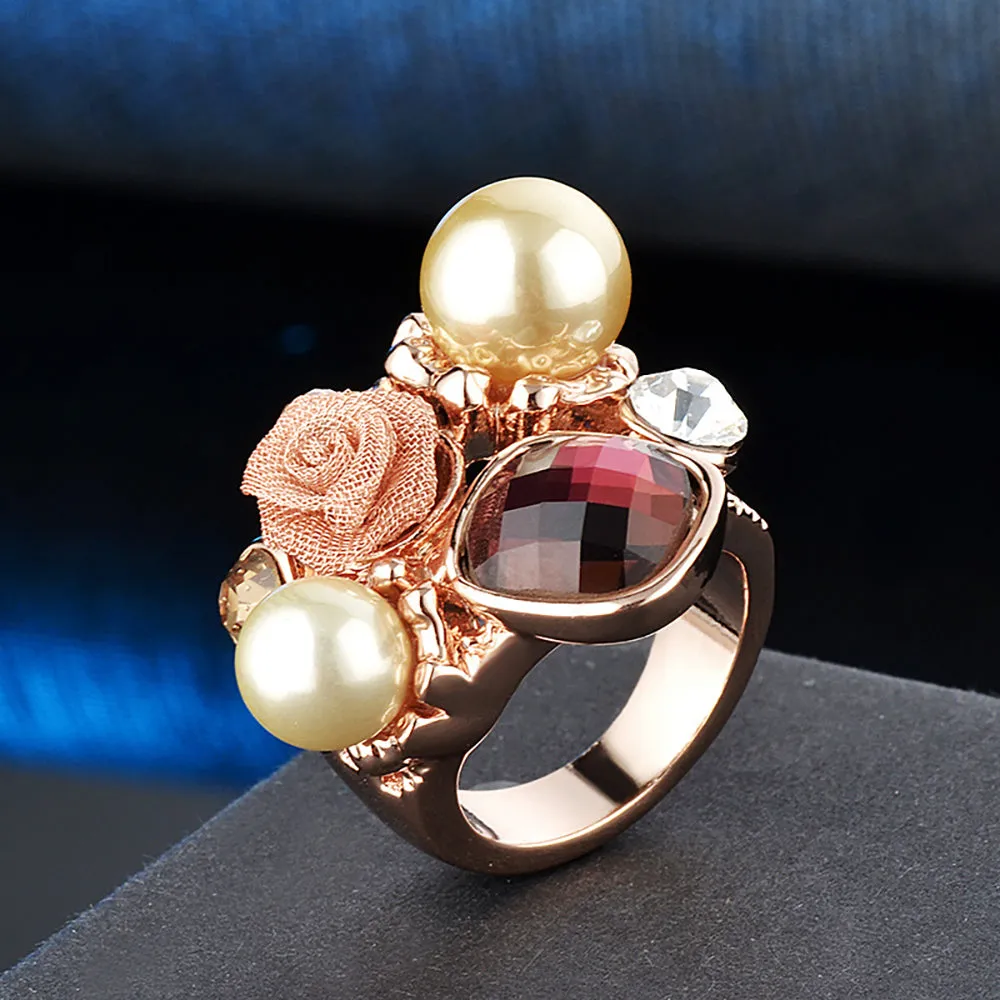 Charm Pearl Beautiful Rose Ring Gold Plated Women Fashion Jewelry Gift Size 6-9