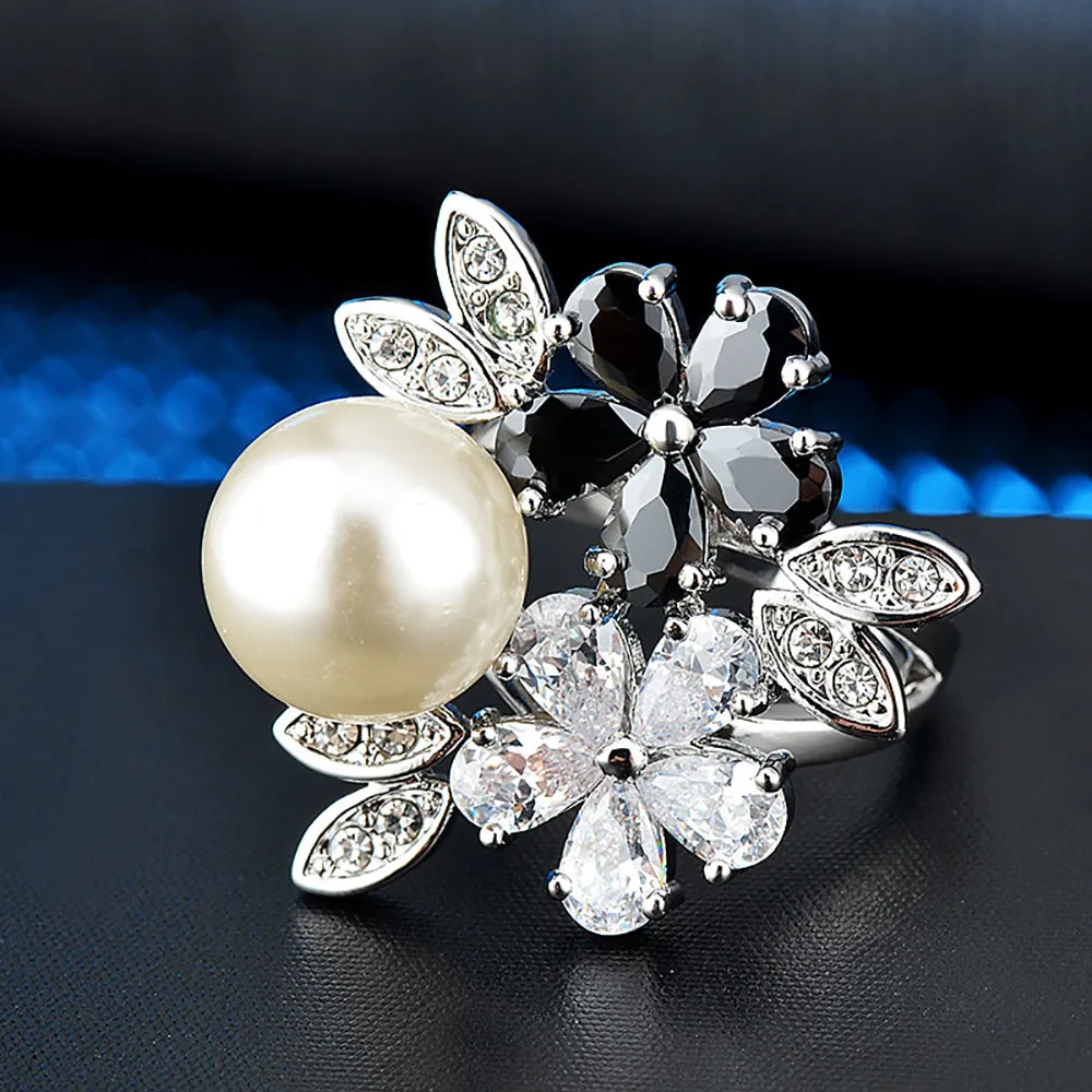 Charm Round Pearl Beautiful Flowers Ring Gold Plated Women Fashion Jewelry Size 6-9