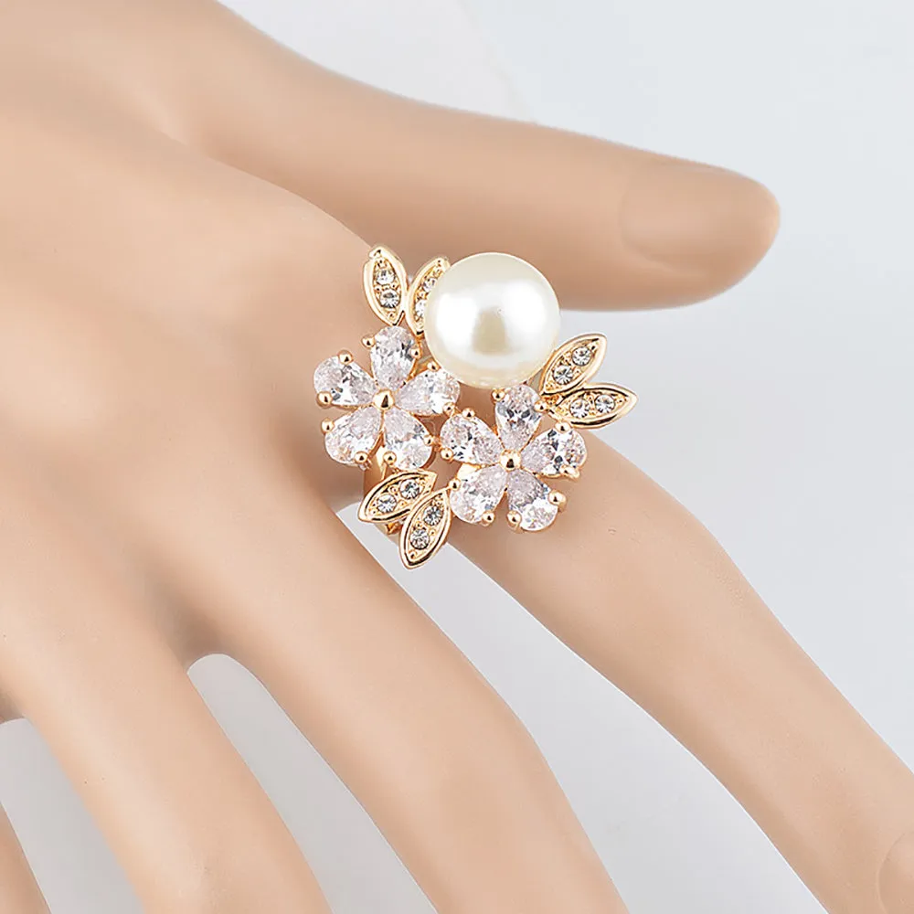 Charm Round Pearl Beautiful Flowers Ring Gold Plated Women Fashion Jewelry Size 6-9
