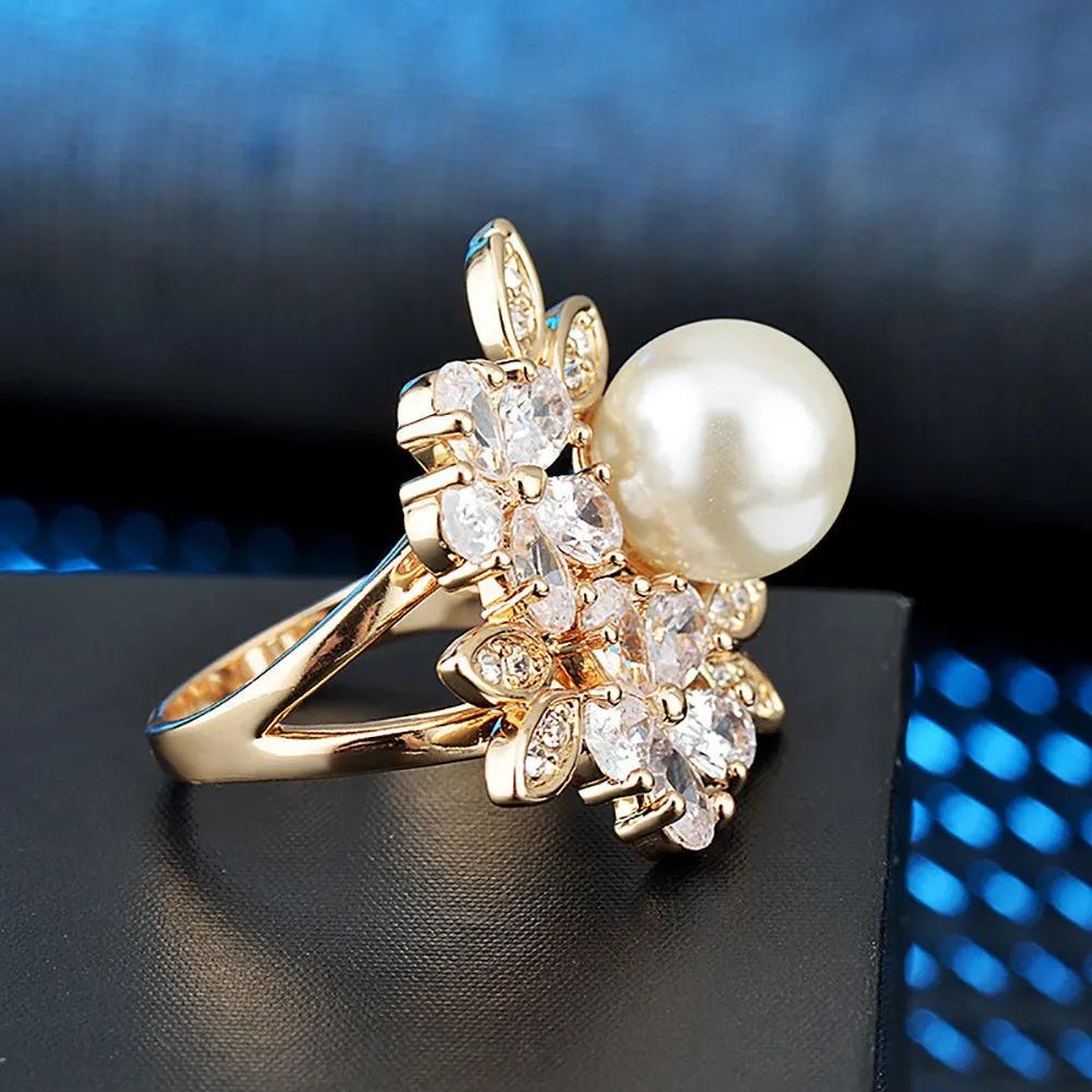 Charm Round Pearl Beautiful Flowers Ring Gold Plated Women Fashion Jewelry Size 6-9
