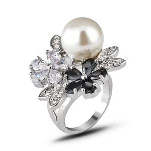 Charm Round Pearl Beautiful Flowers Ring Gold Plated Women Fashion Jewelry Size 6-9