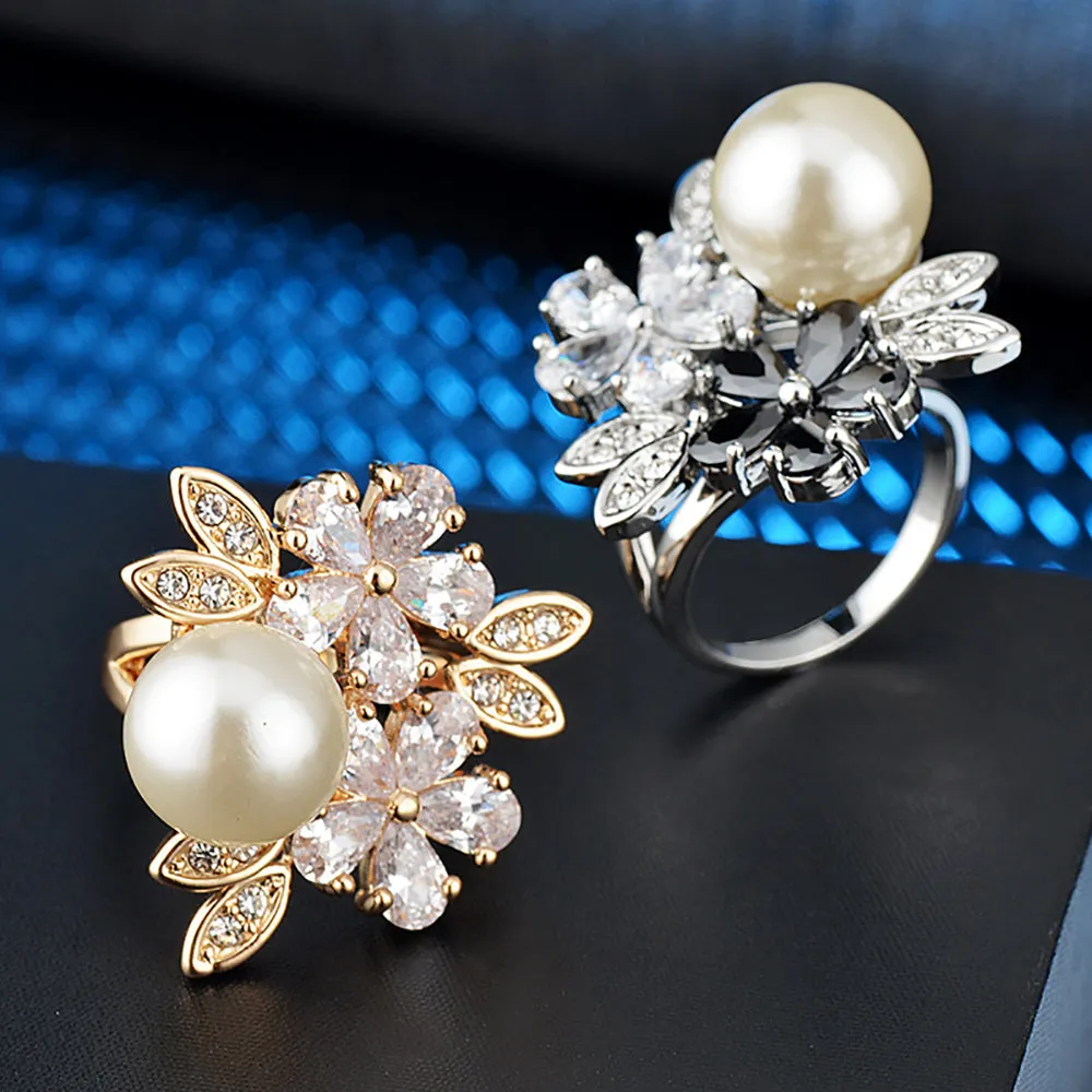 Charm Round Pearl Beautiful Flowers Ring Gold Plated Women Fashion Jewelry Size 6-9