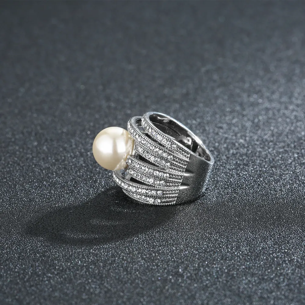 Charm Round Pearl Beautiful Ring White Gold Plated Women Fashion Jewelry Size 6-9