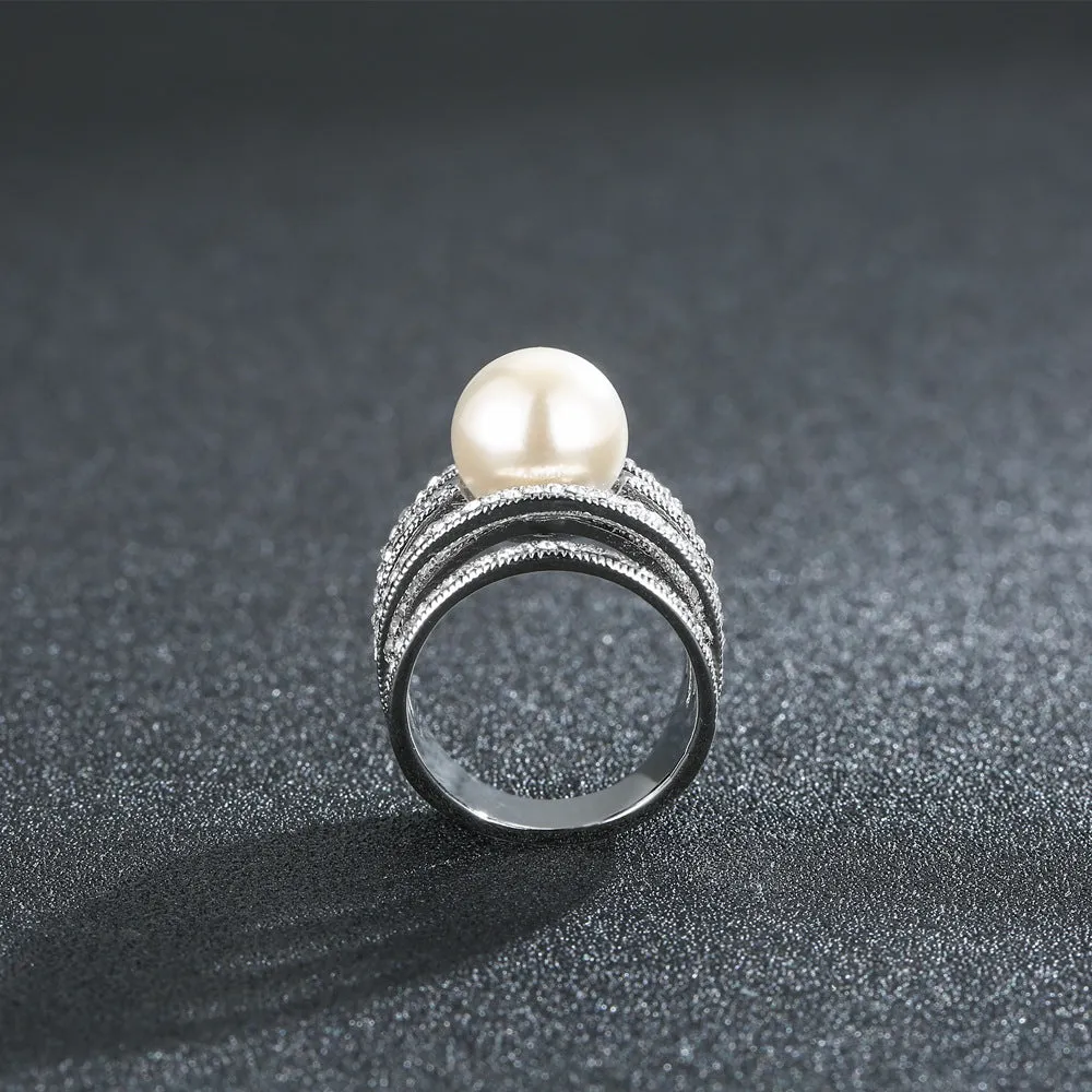 Charm Round Pearl Beautiful Ring White Gold Plated Women Fashion Jewelry Size 6-9