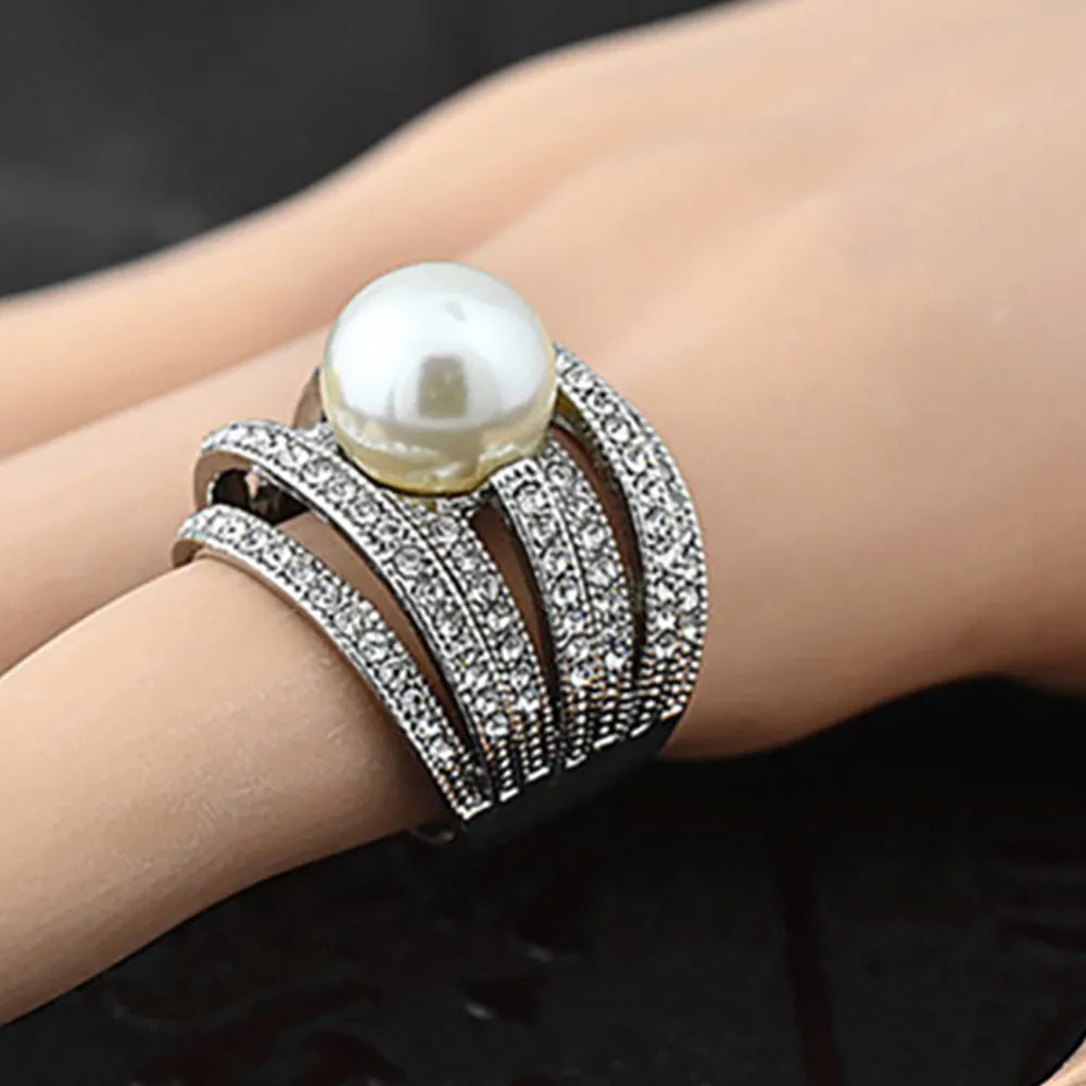 Charm Round Pearl Beautiful Ring White Gold Plated Women Fashion Jewelry Size 6-9