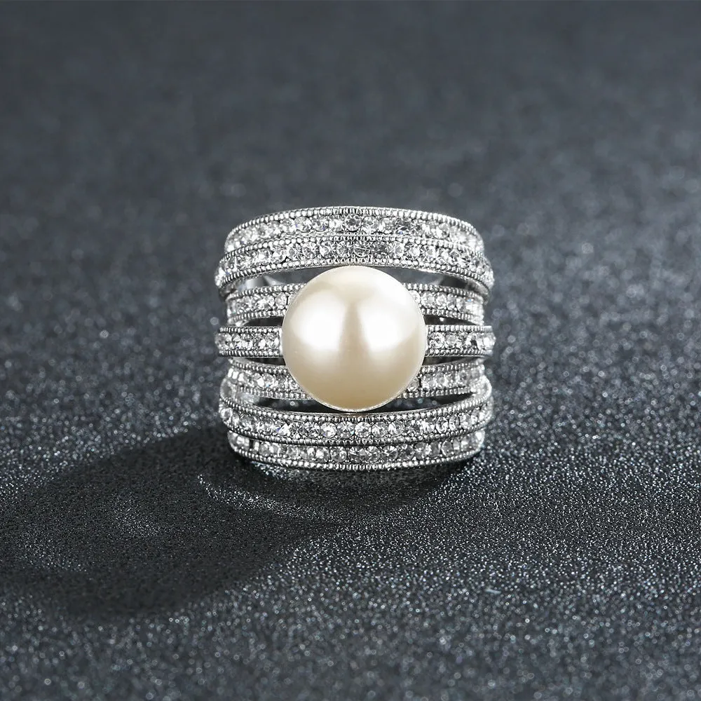Charm Round Pearl Beautiful Ring White Gold Plated Women Fashion Jewelry Size 6-9