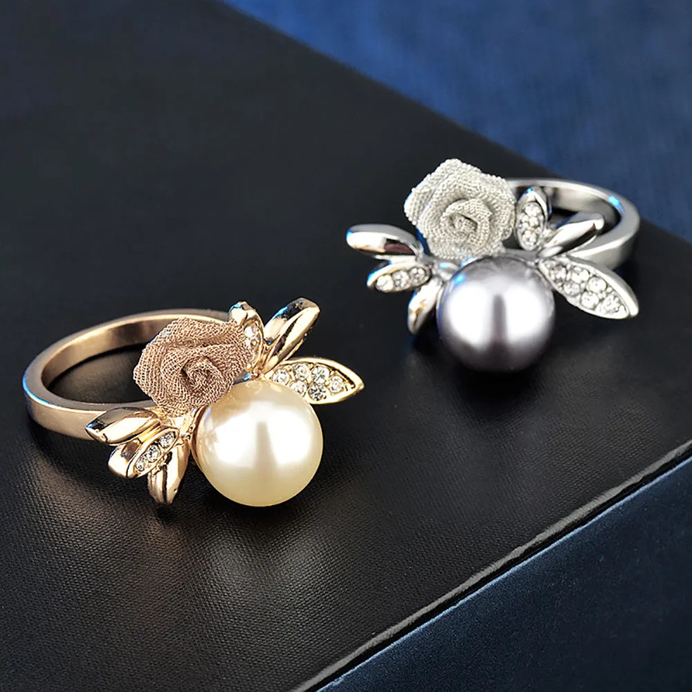 Charm Round Pearl Beautiful Rose Ring Gold Plated Women Fashion Jewelry Size 6-9