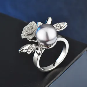 Charm Round Pearl Beautiful Rose Ring Gold Plated Women Fashion Jewelry Size 6-9