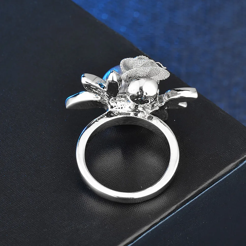 Charm Round Pearl Beautiful Rose Ring Gold Plated Women Fashion Jewelry Size 6-9