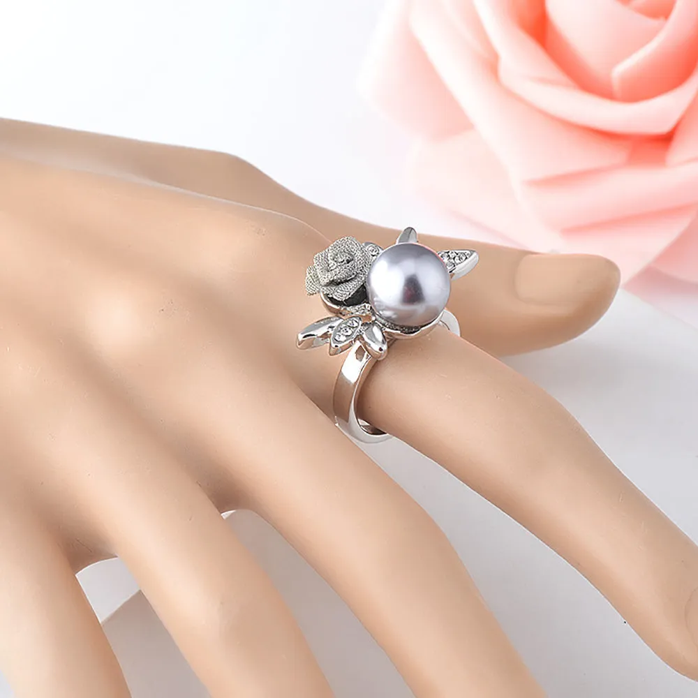 Charm Round Pearl Beautiful Rose Ring Gold Plated Women Fashion Jewelry Size 6-9