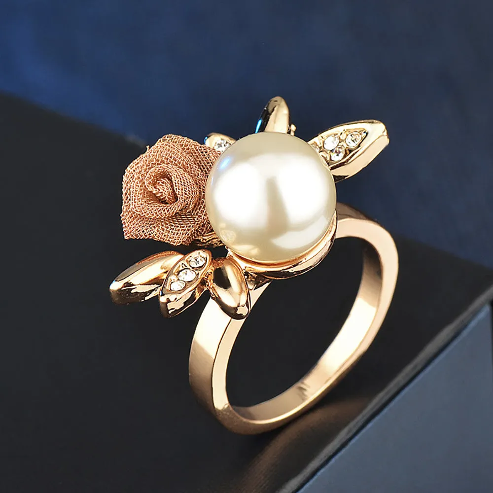 Charm Round Pearl Beautiful Rose Ring Gold Plated Women Fashion Jewelry Size 6-9